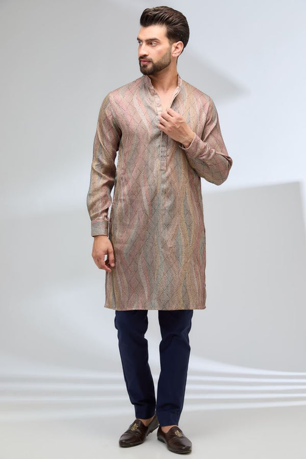 TAUPE SILK MULTI COLOR THREAD WORK JAAL KURTA WITH PANTS