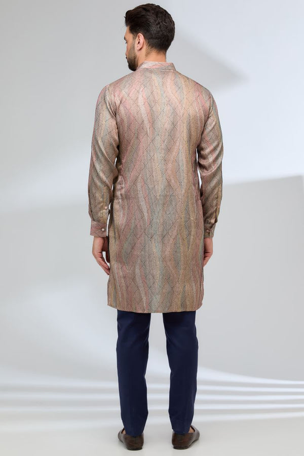 TAUPE SILK MULTI COLOR THREAD WORK JAAL KURTA WITH PANTS