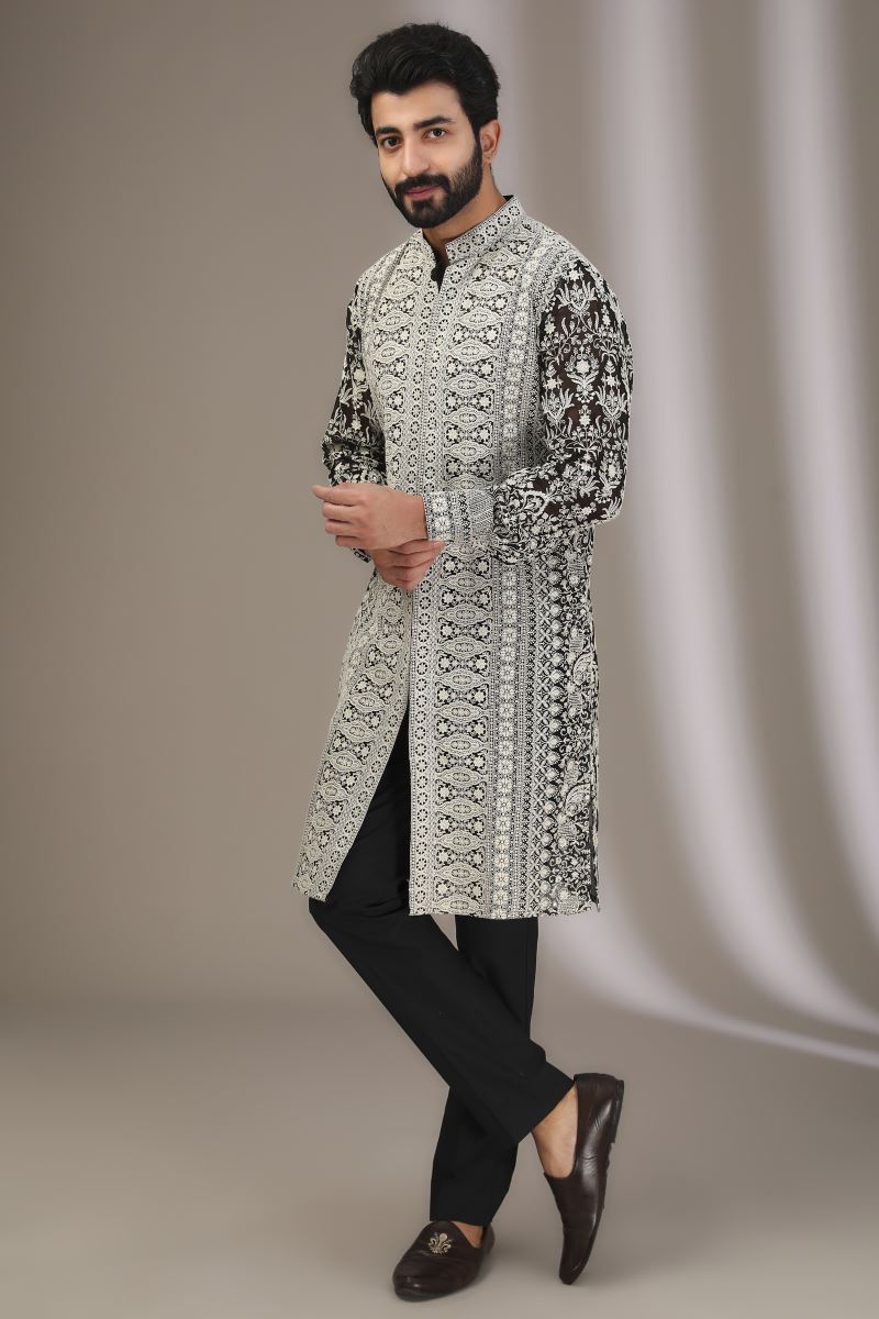 BLACK WITH WHITE THREAD FULLY EMBROIDERED WORK KURTA WITH PANTS