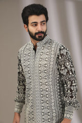 BLACK WITH WHITE THREAD FULLY EMBROIDERED WORK KURTA WITH PANTS