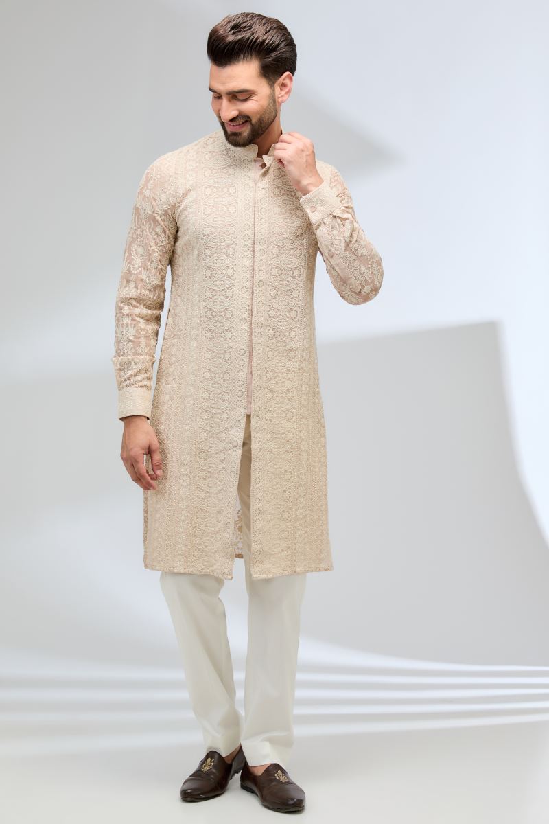 NUDE PINK THREAD EMBROIDERED KURTA WITH PANTS