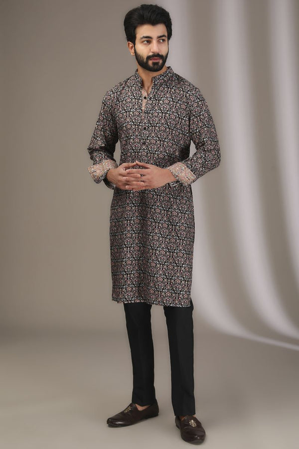 BLACK FULL EMBROIDERED PALE GREEN PRINT KURTA WITH PANTS