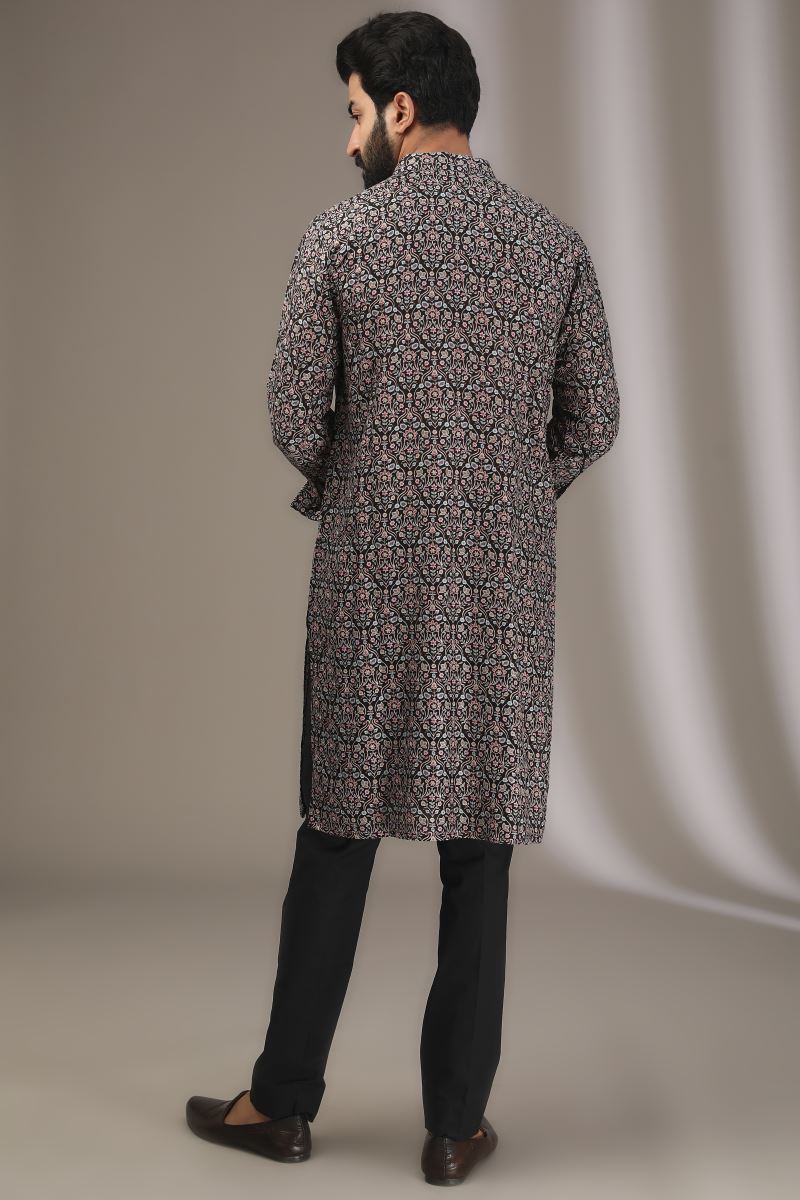 BLACK FULL EMBROIDERED PALE GREEN PRINT KURTA WITH PANTS