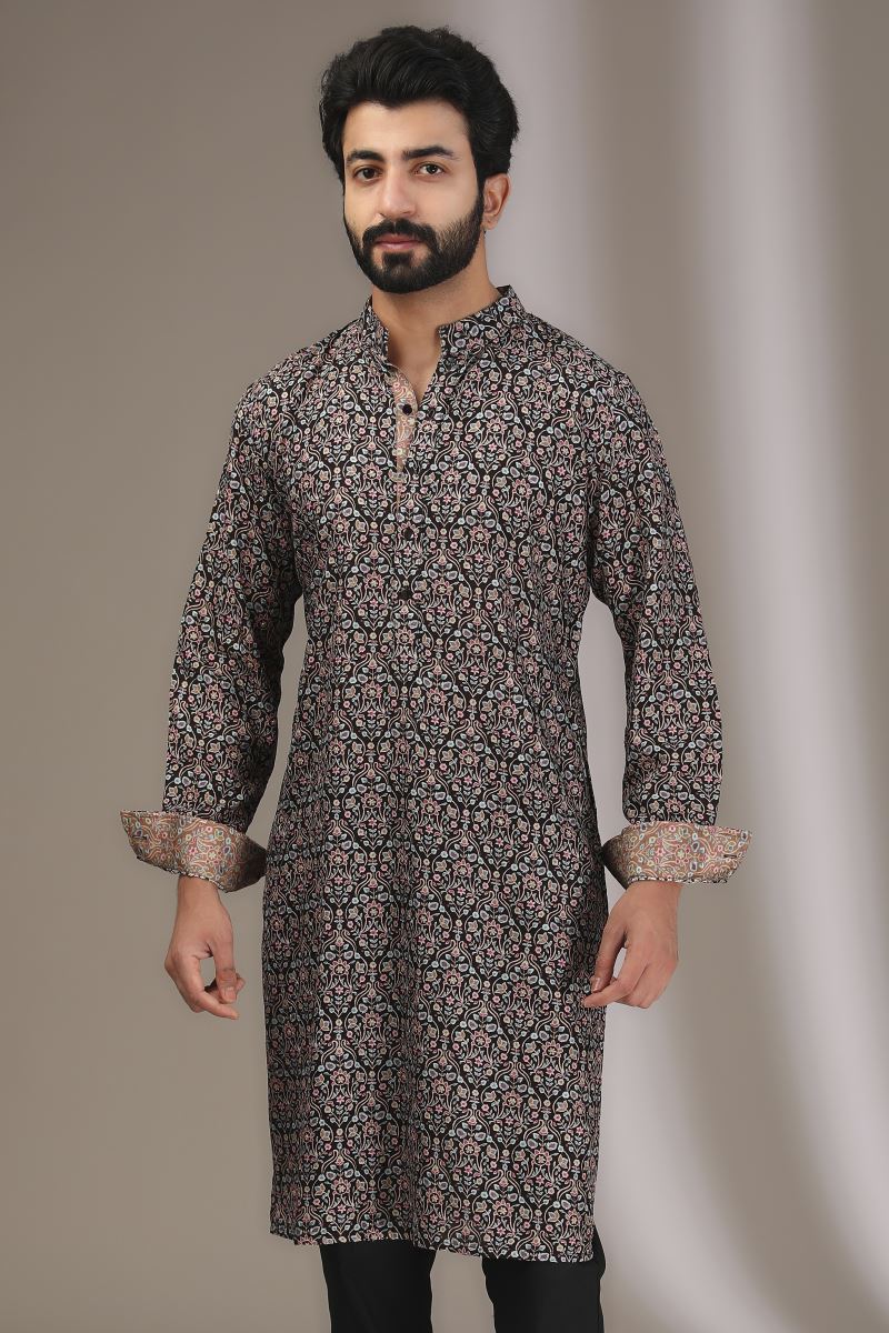 BLACK FULL EMBROIDERED PALE GREEN PRINT KURTA WITH PANTS