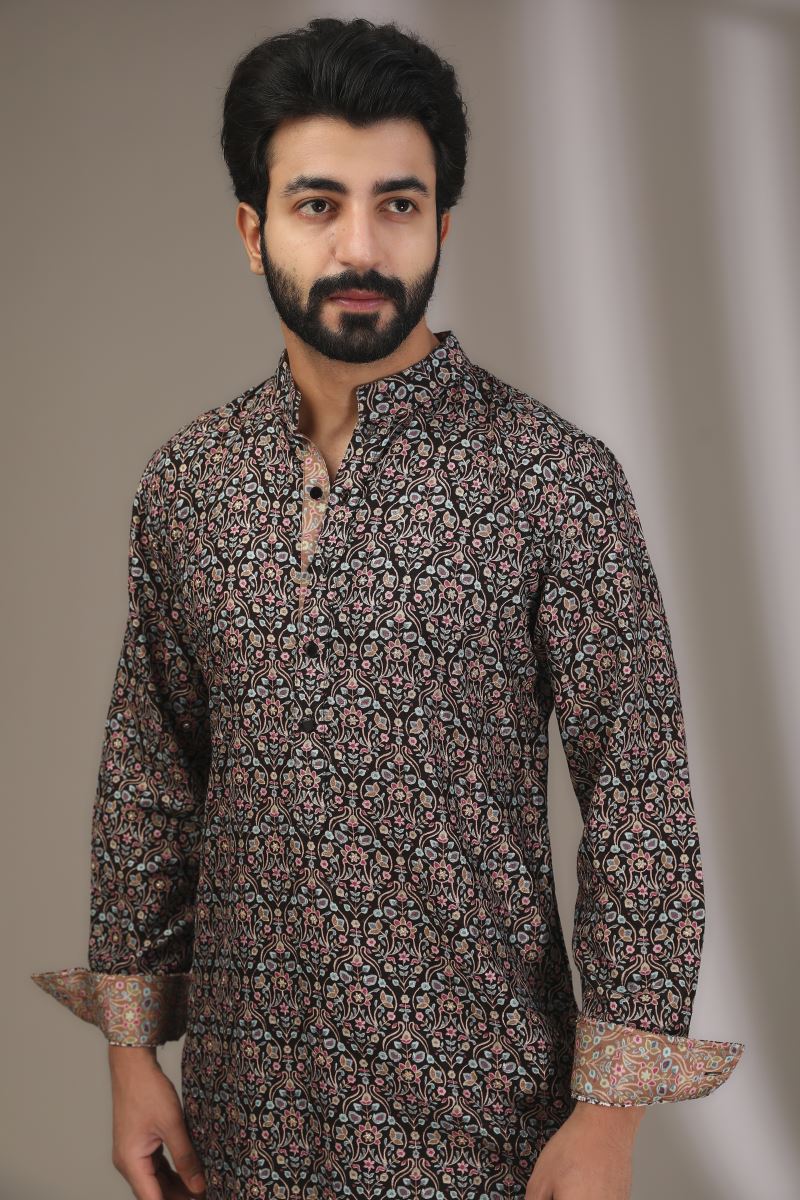 BLACK FULL EMBROIDERED PALE GREEN PRINT KURTA WITH PANTS