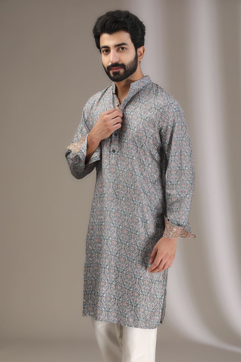 TEAL PRINT FULLY EMBROIDERED KURTA WITH PANTS