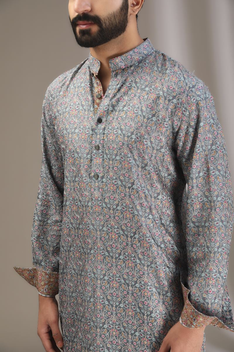 TEAL PRINT FULLY EMBROIDERED KURTA WITH PANTS