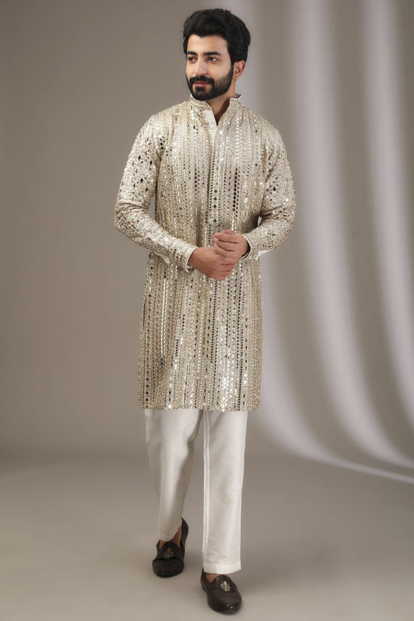 IVORY FULL EMBROIDERED MIRROR WORK AND SEQUINS KURTA WITH PANTS