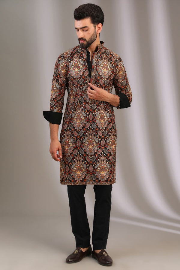 BLACK MULTI THREAD AND SEQUINS WORK KURTA WITH PANTS