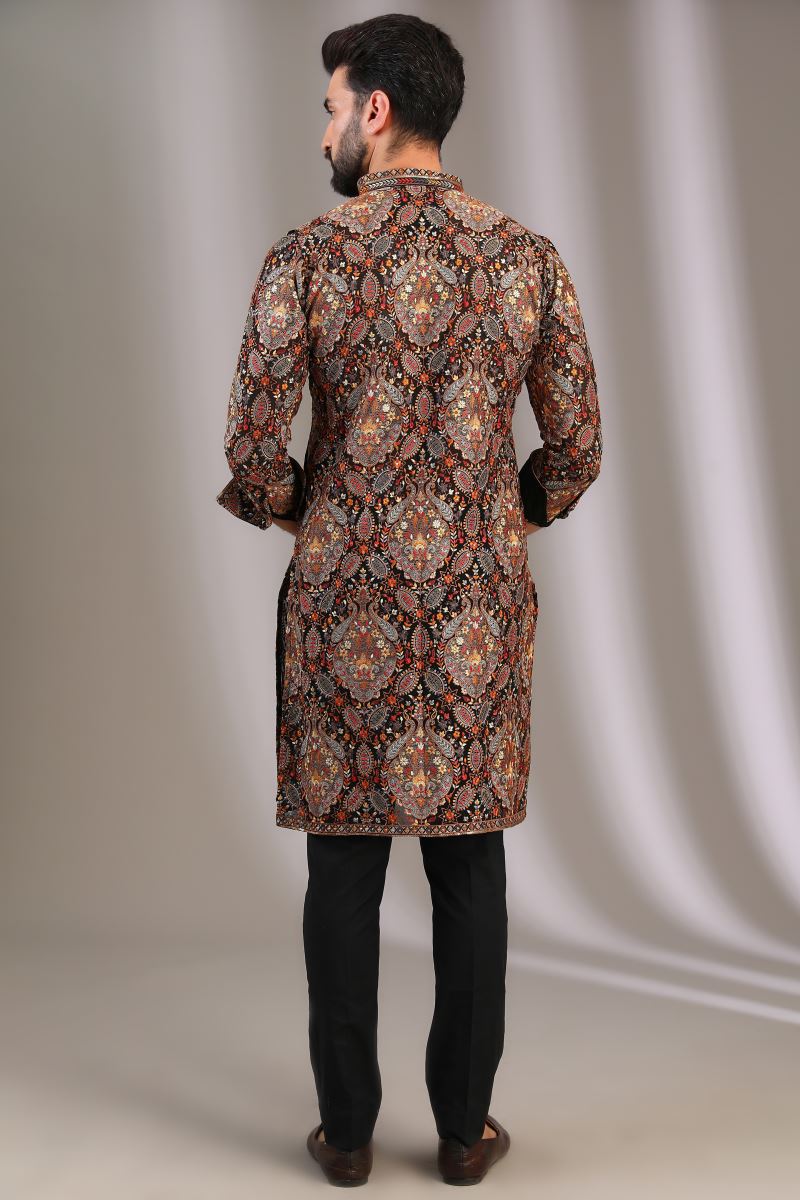 BLACK MULTI THREAD AND SEQUINS WORK KURTA WITH PANTS