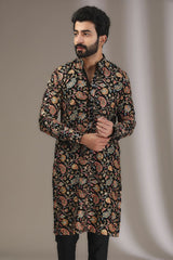 BLACK FULLY EMBROIDERED MULTI SEQUINS AND THREAD WORK KURTA WITH PANTS