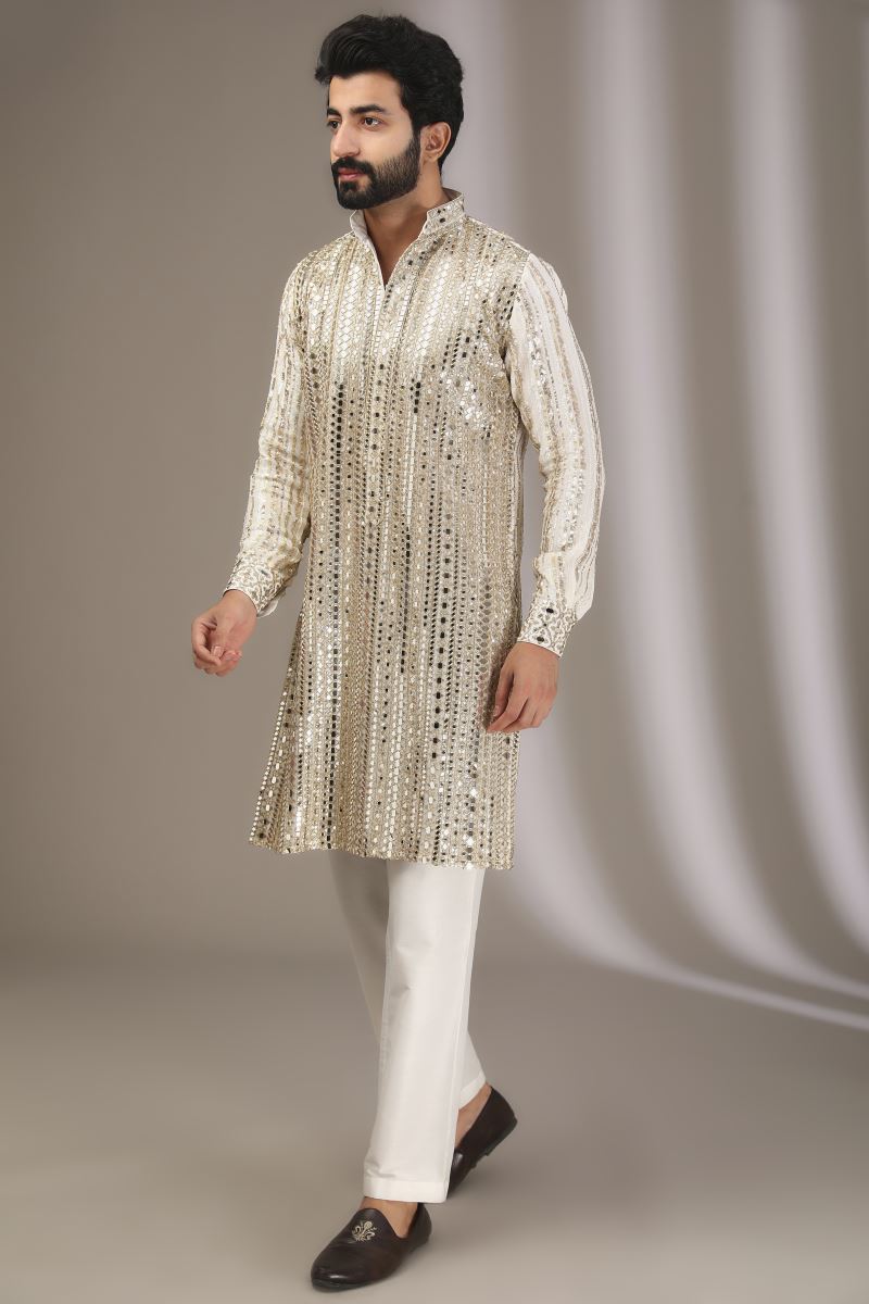 IVORY MIRROR AND SEQUINS WORK KURTA WITH PANTS