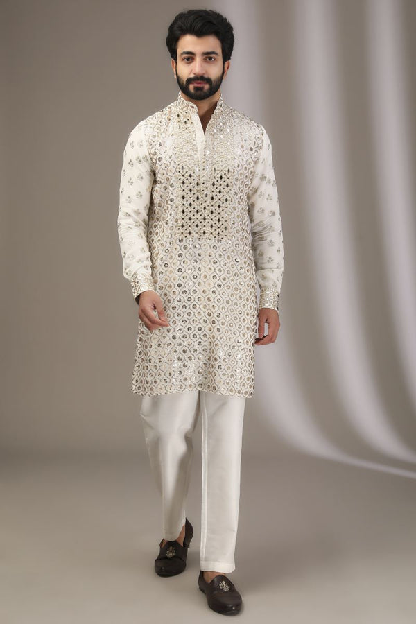 IVORY SEQUINS AND MIRROR WORK KURTA WITH PANTS