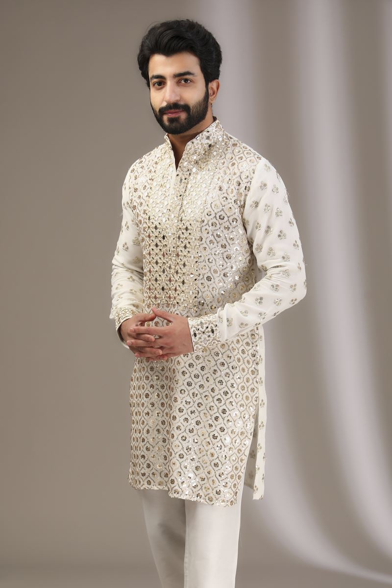 IVORY SEQUINS AND MIRROR WORK KURTA WITH PANTS