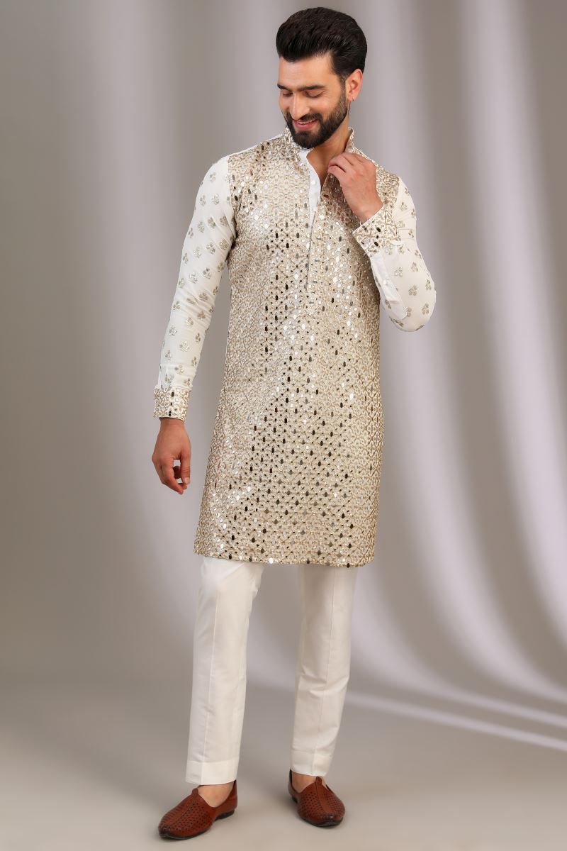 IVORY FRONT MIRROR WORK, BACK & SLEEEVS SEQUINS BOOTI UNLINED KURTA WITH PANTS