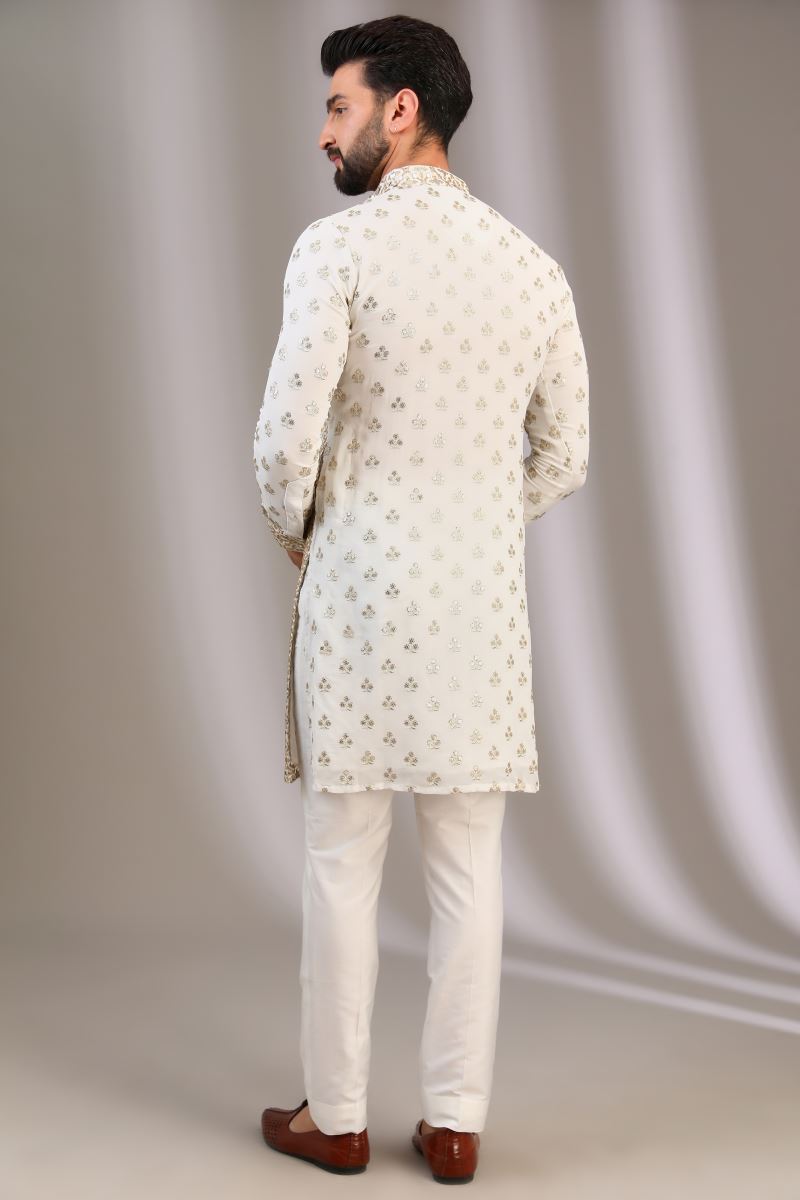 IVORY FRONT MIRROR WORK, BACK & SLEEEVS SEQUINS BOOTI UNLINED KURTA WITH PANTS