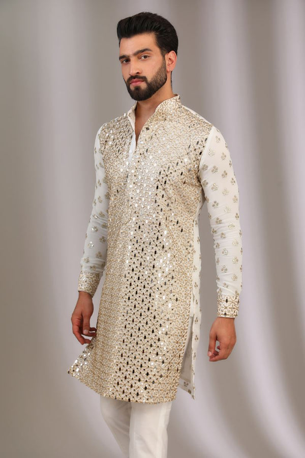 IVORY FRONT MIRROR WORK, BACK & SLEEEVS SEQUINS BOOTI UNLINED KURTA WITH PANTS