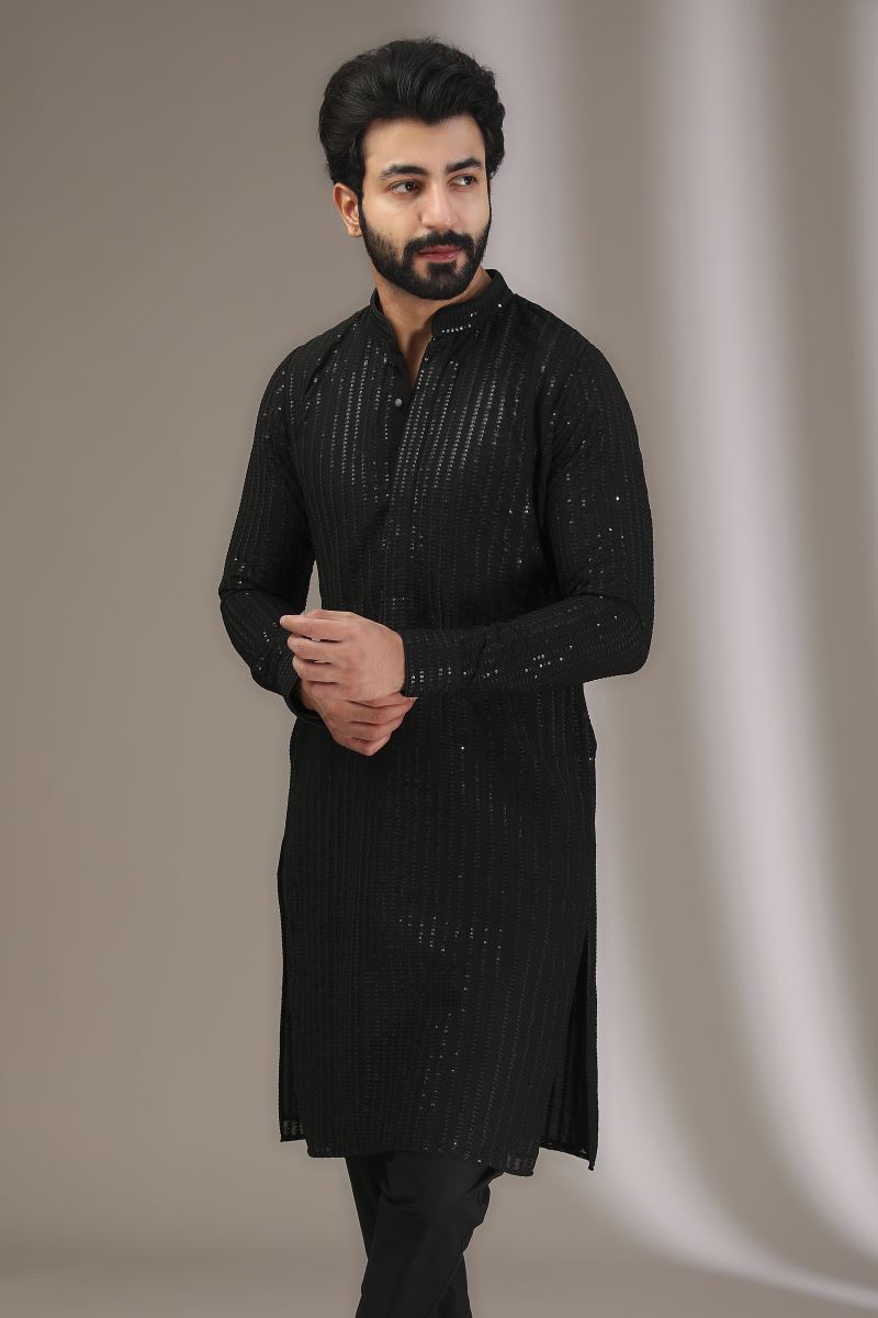 BLACK TONAL LINES BRUST KURTA WITH PANTS