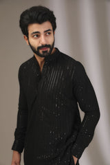 BLACK TONAL LINES BRUST KURTA WITH PANTS