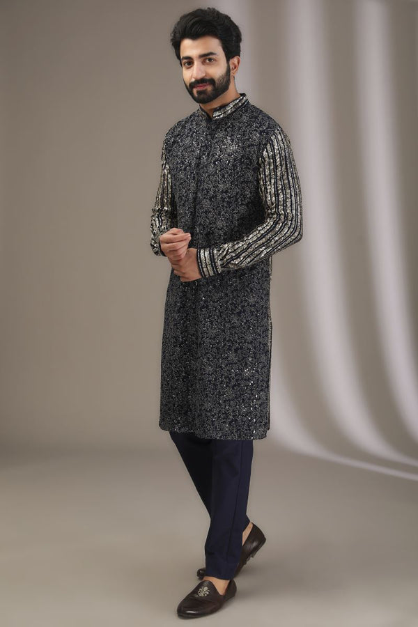 BLUE FULLY EMBROIDERED SEQUINS AND METAL THREAD WORK KURTA WITH PANTS