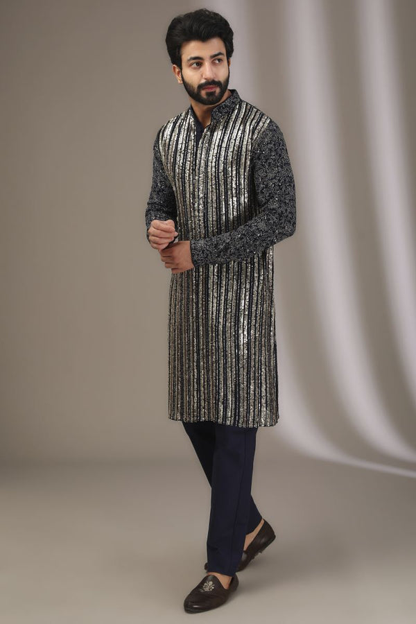 BLUE SEQUINS AND METAL THREAD WORK FULLY EMBROIDERED KURTA WITH PANTS