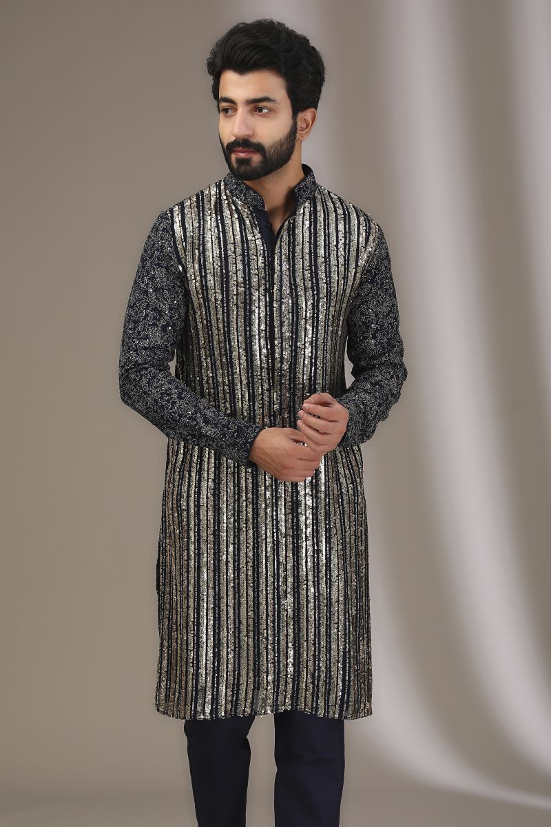 BLUE SEQUINS AND METAL THREAD WORK FULLY EMBROIDERED KURTA WITH PANTS