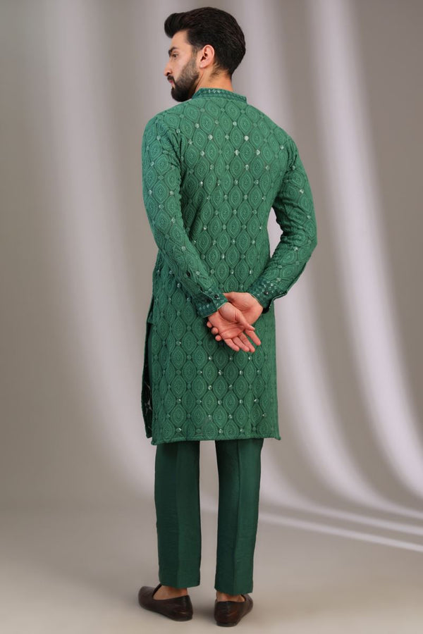 GREEN LEAF BOOTI THREAD WORK KURTA WITH PANTS