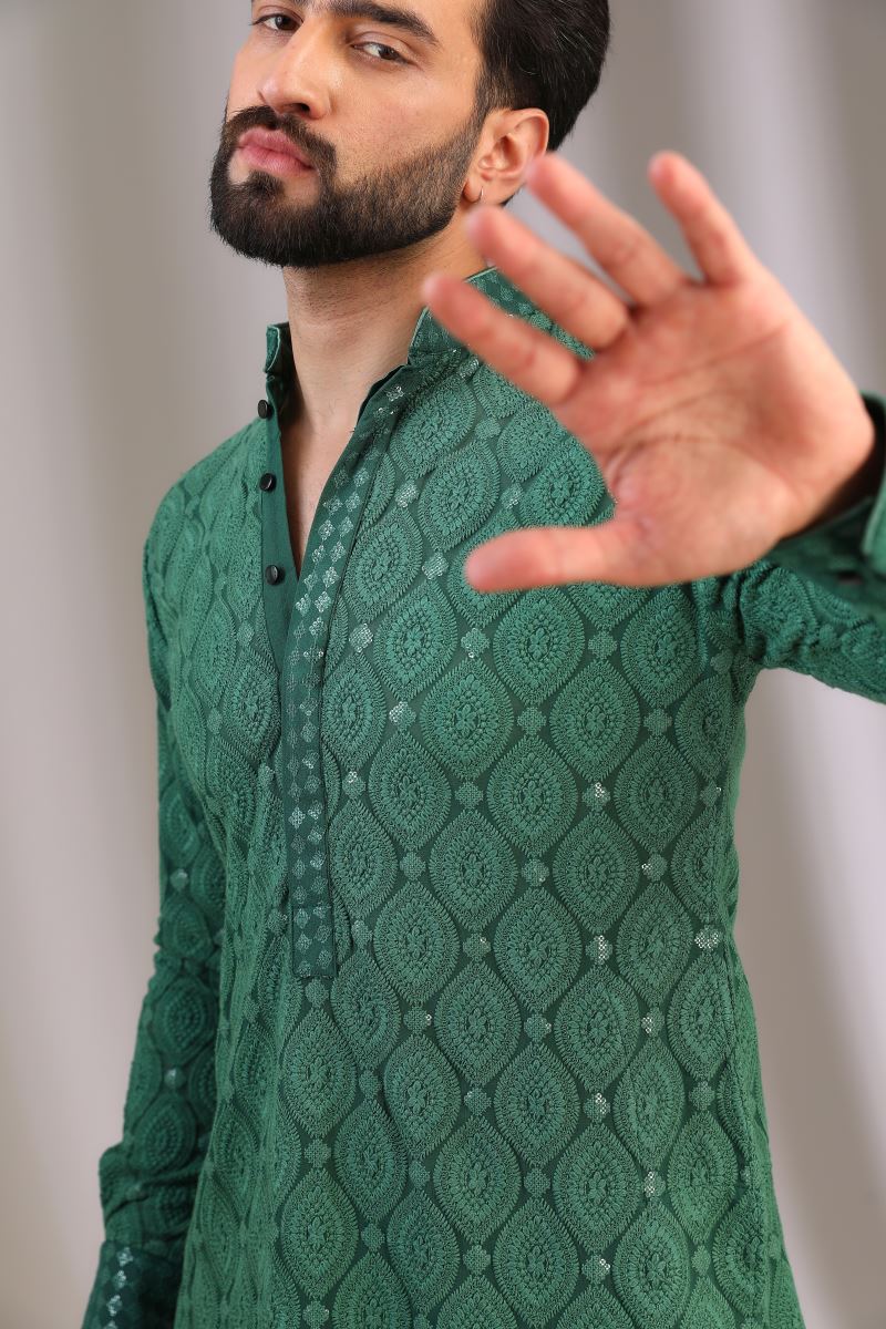 GREEN LEAF BOOTI THREAD WORK KURTA WITH PANTS