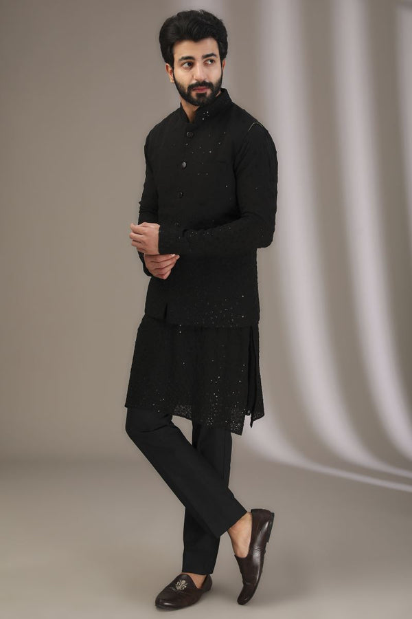 BLACK NARGIS BRUST KURTA WITH BUNDI AND PANTS