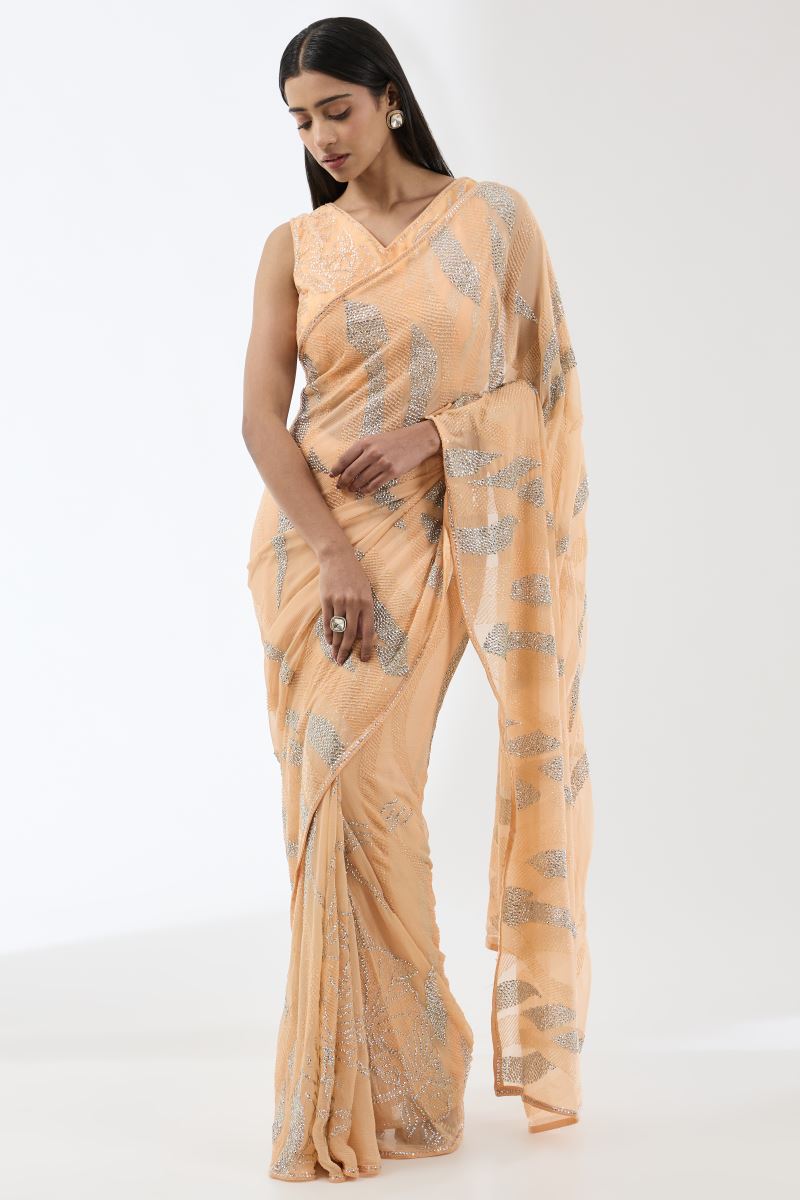 NABIA PEACH HAND EMBROIDERED SARI SET