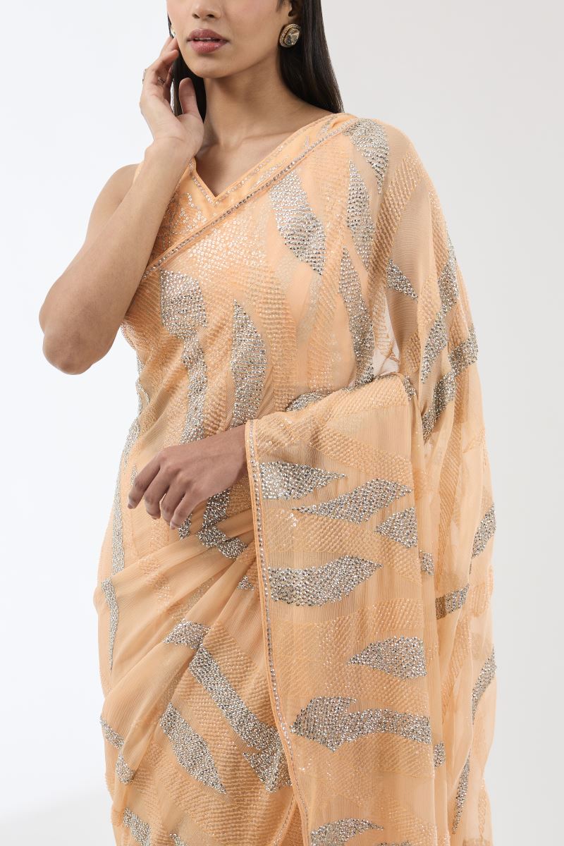 NABIA PEACH HAND EMBROIDERED SARI SET