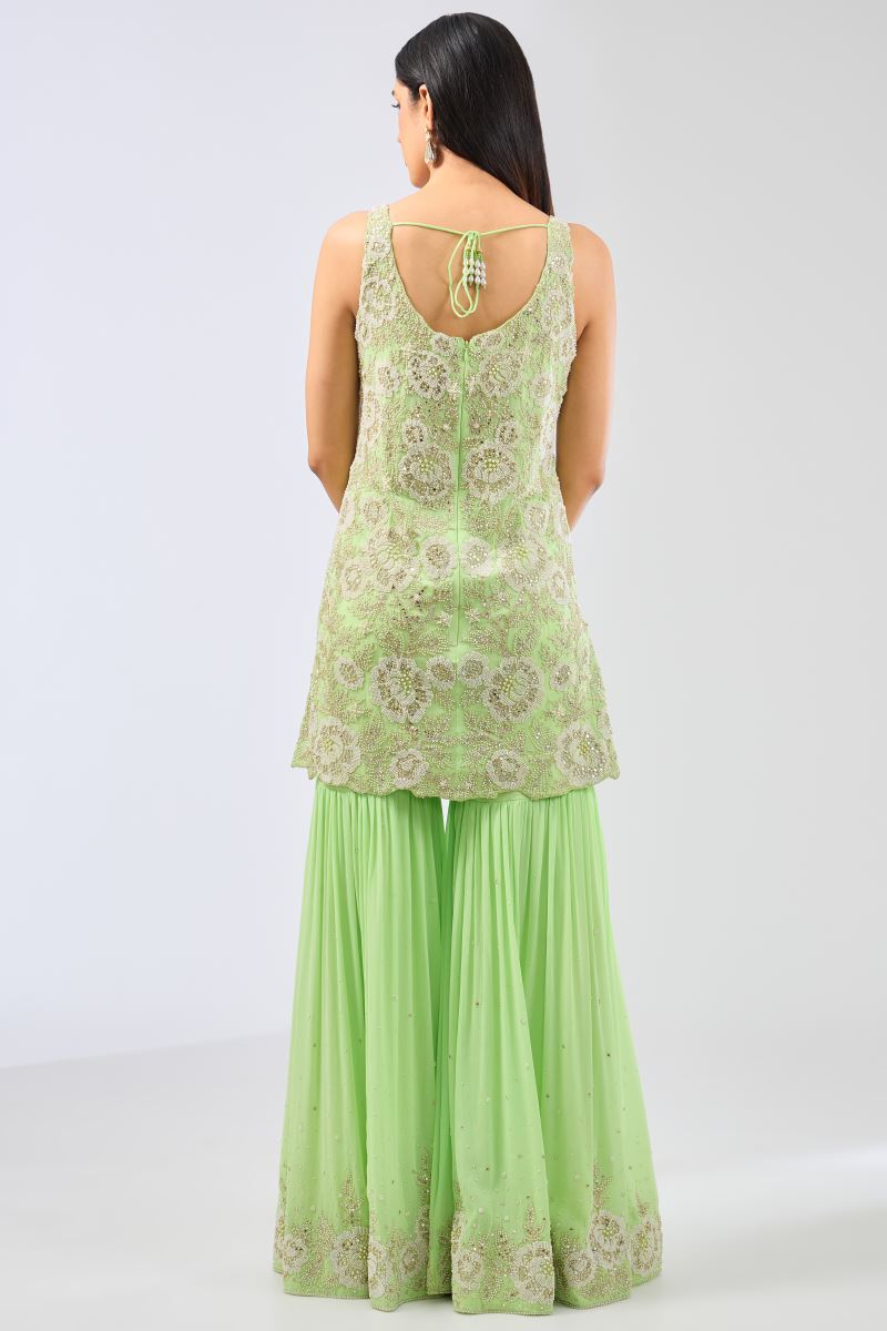 AYAT LIME GREEN GEORGETTE  FULL HAND WORK KURTA /GHARARA SET