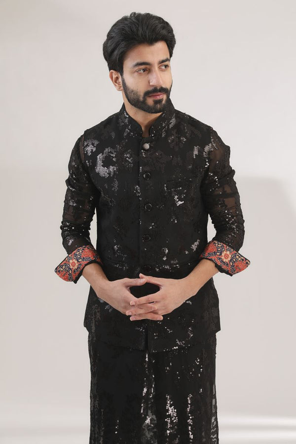 BLACK TONE ON TONE FULLY EMBROIDERED BUNDI