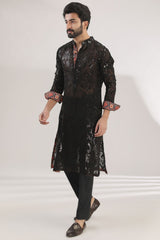 BLACK GEORGETTE TONE ON TONE FULLY EMBROIDERED KURTA WITH COTTON SILK PANTS