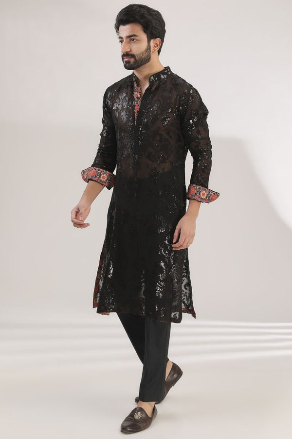 BLACK GEORGETTE TONE ON TONE FULLY EMBROIDERED KURTA WITH COTTON SILK PANTS