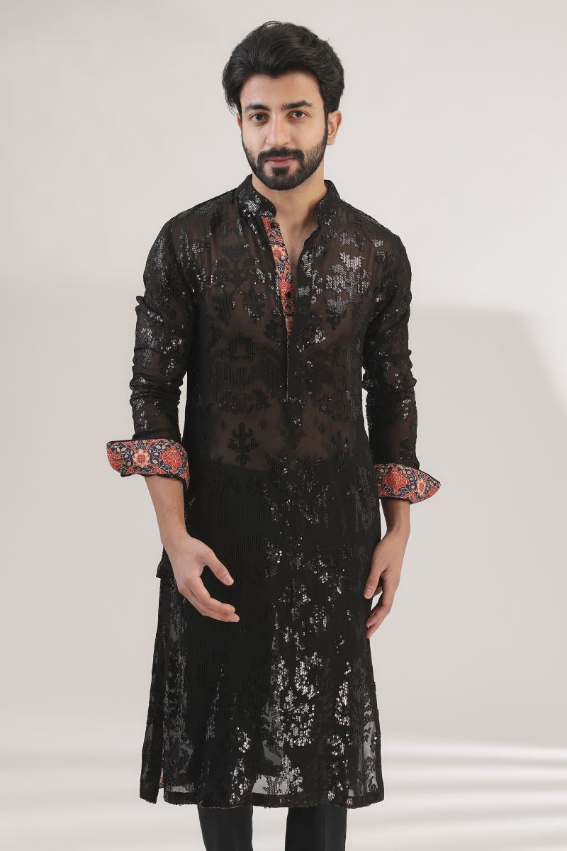 BLACK GEORGETTE TONE ON TONE FULLY EMBROIDERED KURTA WITH COTTON SILK PANTS