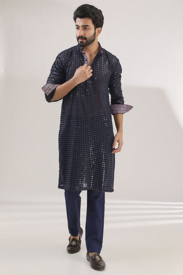 BLUE FULLY EMNROIDERED KURTA WITH BUNDI AND PANTS