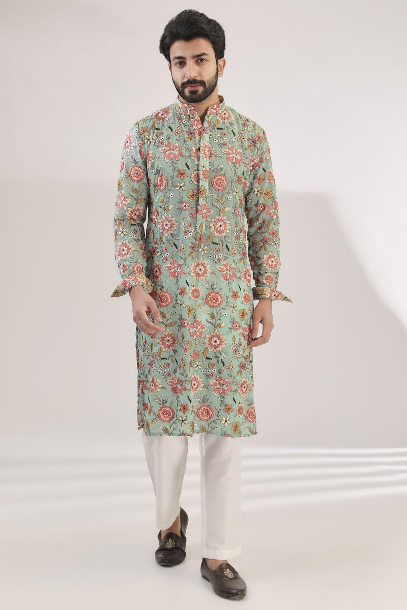 AQUA GEORGETTE FULLY EMBROIDERED KURTA WITH OFFWHITE COTTON SILK PANTS