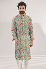 AQUA GEORGETTE FULLY EMBROIDERED KURTA WITH OFFWHITE COTTON SILK PANTS