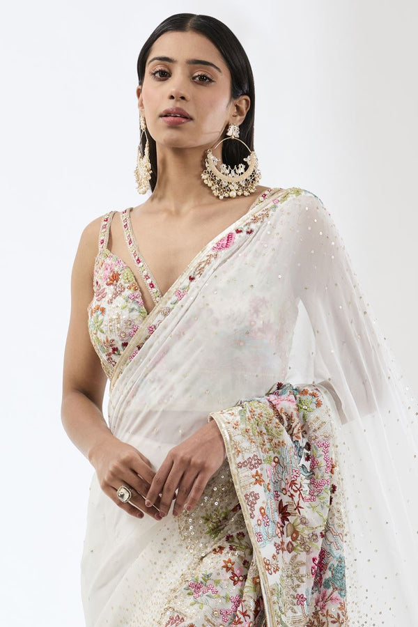 SAIRRA IVORY MULTI THREAD EMBROIDERED STITCHED SARI SET