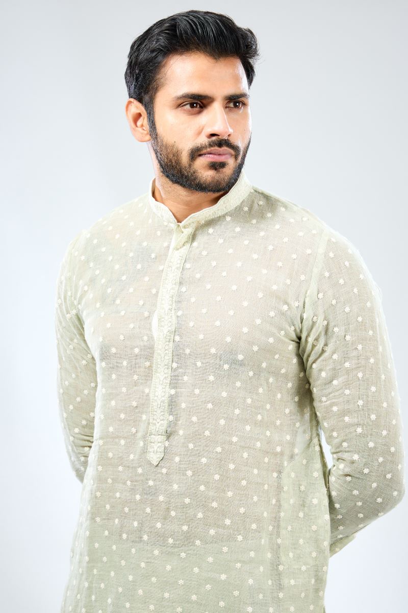 SAGE GREEN LINEN THREAD WORK UNLINED KURTA WITH COTTON SILK PANTS