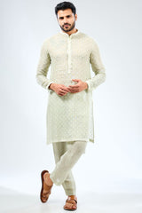 SAGE GREEN LINEN THREAD WORK UNLINED KURTA WITH COTTON SILK PANTS