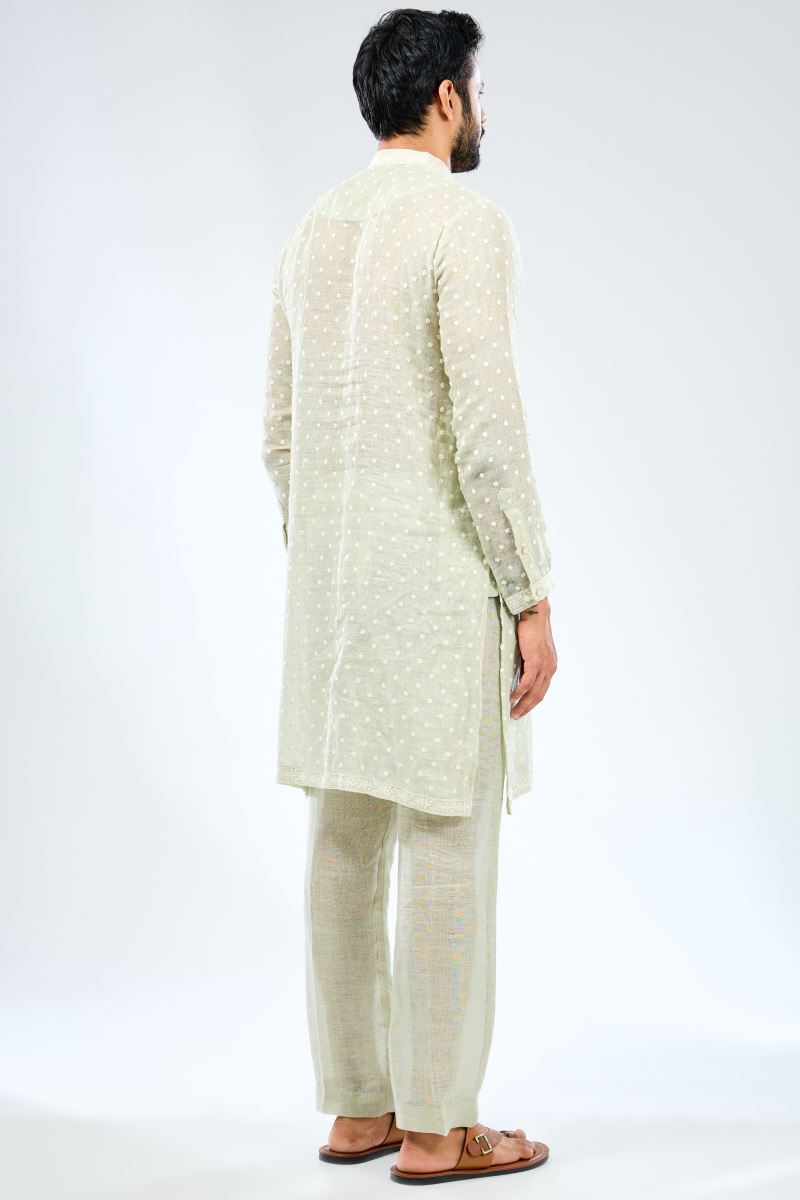 SAGE GREEN LINEN THREAD WORK UNLINED KURTA WITH COTTON SILK PANTS