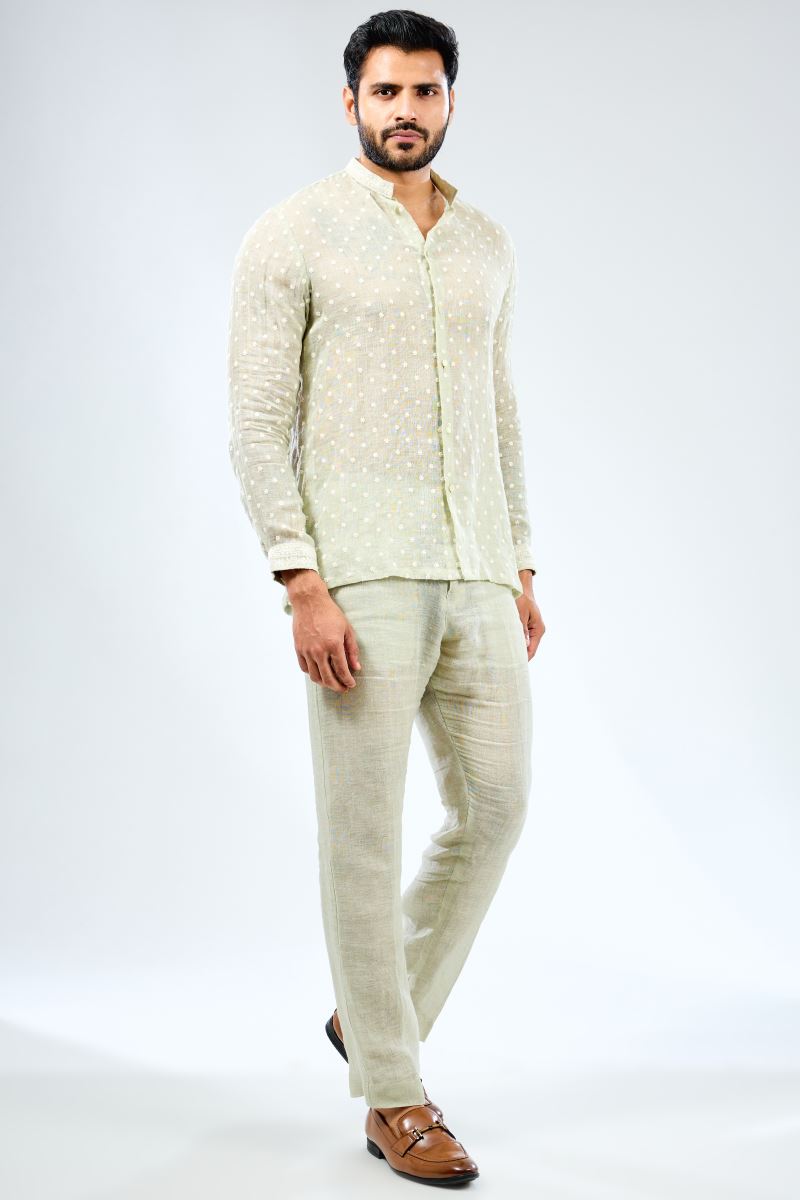 SAGE GREEN LINEN THREAD WORK SHIRT WITH COTTON SILK PANTS