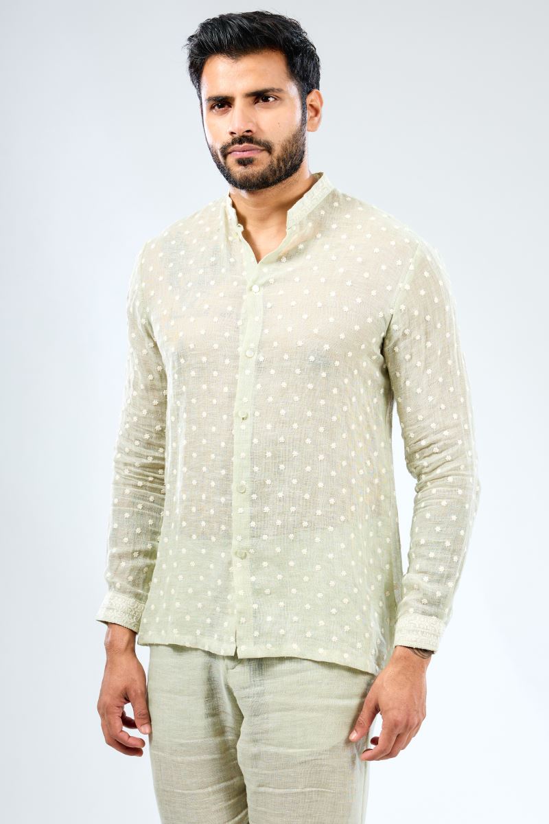 SAGE GREEN LINEN THREAD WORK SHIRT WITH COTTON SILK PANTS