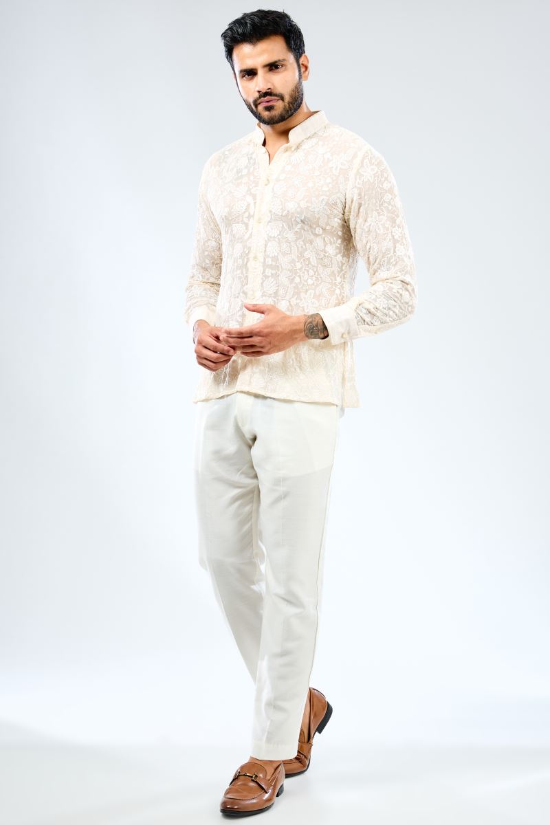 IVORY GEORGETTE THREAD EMBROIDERED SHIRT WITH COTTON SILK PANTS