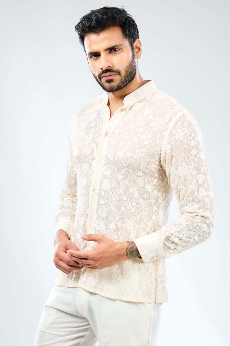 IVORY GEORGETTE THREAD EMBROIDERED SHIRT WITH COTTON SILK PANTS