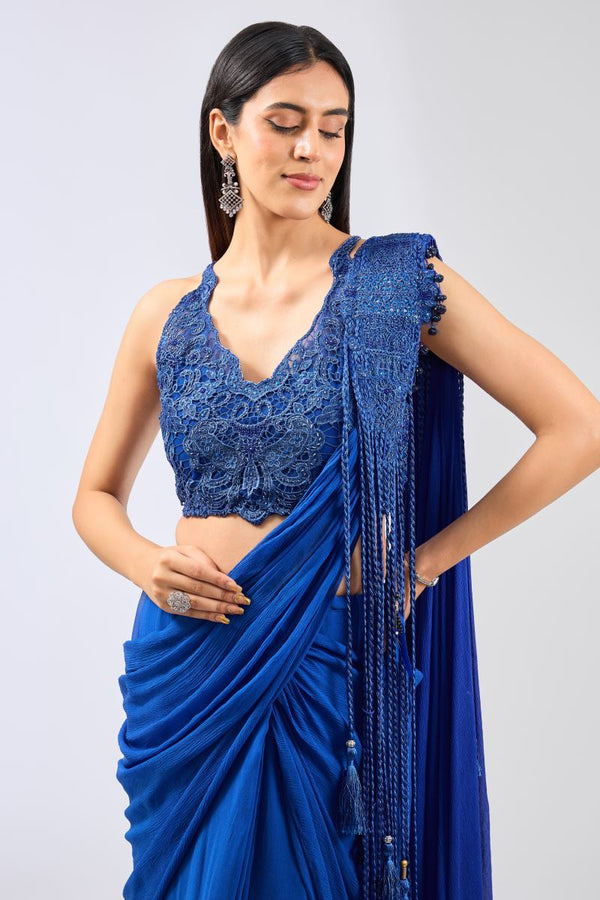 SAIRRA ROYAL BLUE GEORGETTE PRE STITCH SAREE WITH BLOUSE