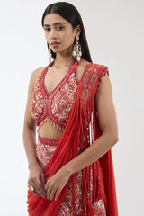 IVORY WITH RED EMBROIDERY DRAPED SKIRT SARI SET