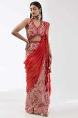 IVORY WITH RED EMBROIDERY DRAPED SKIRT SARI SET